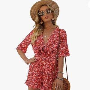 Half Sleeve Tie Knot Floral Jumpsuit Elastic Waist Romper